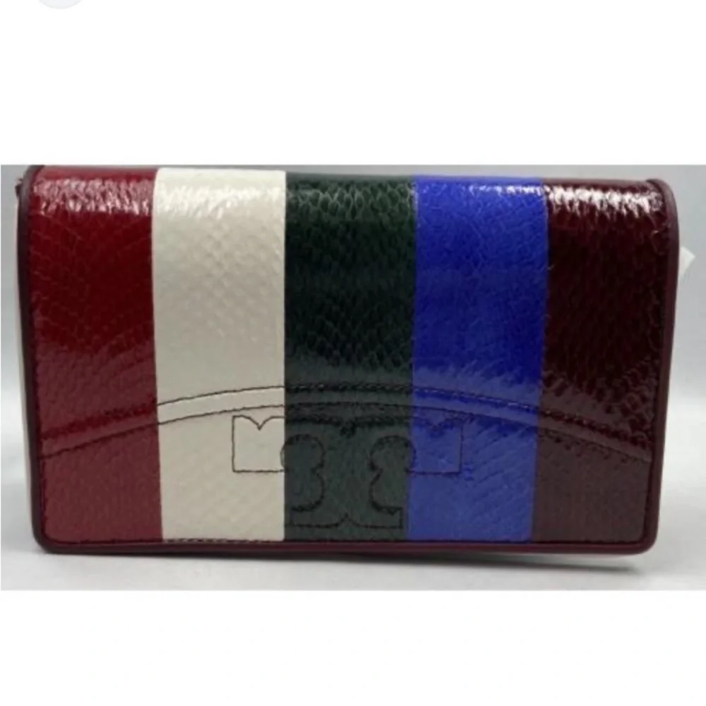 Tory Burch Leather Savannah Striped Chain Flat Wallet Crossbody Bag